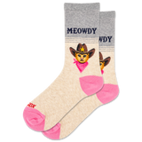 Cat-themed socks with cowboy hat design and 'MEOWDY' text on a white background thumbnail