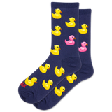 Navy blue socks with yellow rubber duck and pink duck pattern on a white background