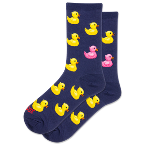 Navy blue socks with yellow rubber duck and pink duck pattern on a white background