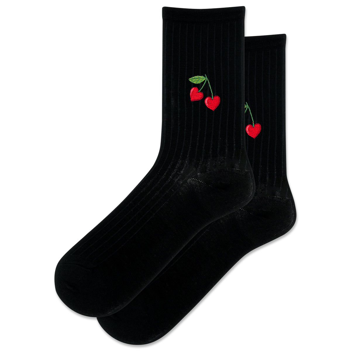 Black socks with cherry designs on a white background