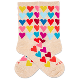 Beige socks with colorful heart pattern on a white background