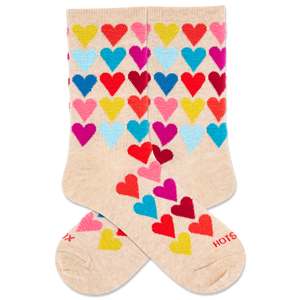 Beige socks with colorful heart pattern on a white background