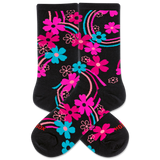 Women's black socks with a vibrant floral pattern featuring hot pink, magenta and blue colors. thumbnail