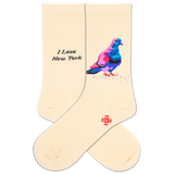 Beige socks with a colorful pigeon and 'I Love New York' text on a white background