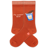 Orange socks with a spilling coffee cup  design and text on a white background thumbnail