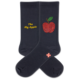 Black socks with rhinestone apple design and text on a white background thumbnail