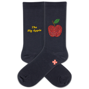 Black socks with rhinestone apple design and text on a white background