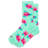 Mint green socks with pink floral patterns on a white background
