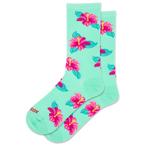 Mint green socks with pink floral patterns on a white background