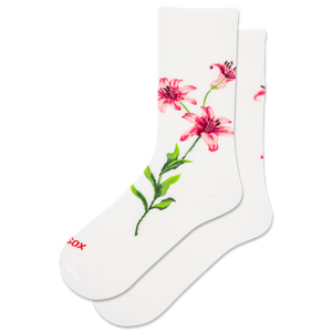 White socks with pink floral design on a white background