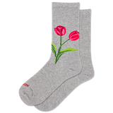 Gray socks with red tulip design on a white background thumbnail