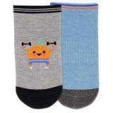 Two socks, one gray with an orange holding weights and the other blue, on a white background.