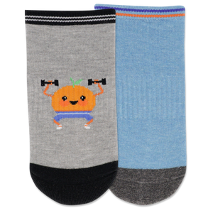 Two socks, one gray with an orange holding weights and the other blue, on a white background.