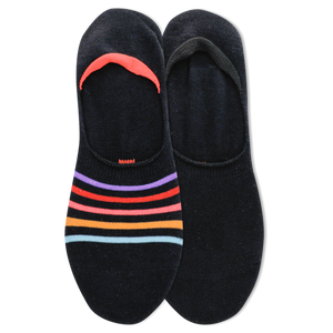 Black no-show socks with colorful stripes on a white background