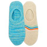 Two pairs of no-show socks, one blue and one beige with colorful stripes, on a white background.
