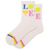 Pair of socks with 'LOVE' and tennis ball design on a white background