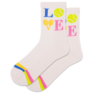 Pair of socks with 'LOVE' and tennis ball design on a white background