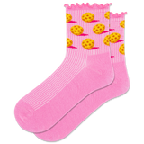 Pink socks with pickleball pattern on a white background