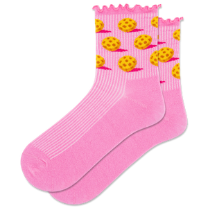 Pink socks with pickleball pattern on a white background