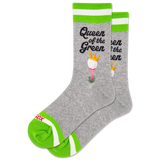 Gray socks with green accents and 'Queen of the Green' text and golf ball graphic on a white background