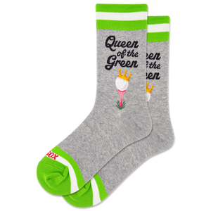 Gray socks with green accents and 'Queen of the Green' text and golf ball graphic on a white background