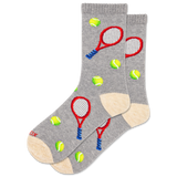 Gray socks with tennis racket and ball designs on a white background
