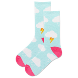 Colorful socks with cloud and lightning bolt patterns on a light blue background