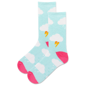 Colorful socks with cloud and lightning bolt patterns on a light blue background