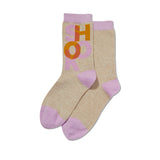 Beige socks with colorful text and purple accents on a white background thumbnail