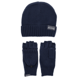 Navy blue beanie and gloves set with Jeep logo on a white background
