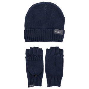 Navy blue beanie and gloves set with Jeep logo on a white background