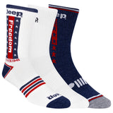 A pack of three Jeep women's crew socks with an Americana design, featuring red, white, and blue colors and Jeep branding. thumbnail