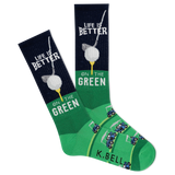 Green and navy socks with golf ball and club design, featuring 'Life is Better on the Green' text. thumbnail