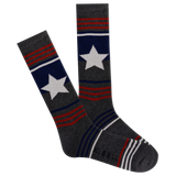 Gray socks with white stars and red and blue stripes on a white background