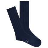 A pair of K.Bell men's classic ribbed crew socks in navy color, featuring a comfortable fit and wide ribbed design. thumbnail