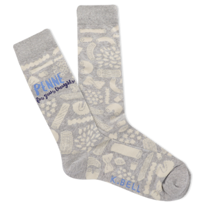 Gray socks with a pattern and 'K. Bell' branding on a white background