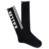 A pair of black crew socks with the word 'Baller' written in white on the side, featuring reflective logo, arch support, and cushioned sole.