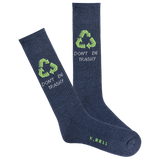 A pair of men's active crew socks with a 'Don't be trashy' message and recycling symbol thumbnail