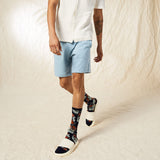 Person wearing light blue shorts and patterned socks on a neutral background