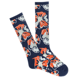 A pair of men's crew socks with a tropical floral print in blue, white, and orange.
