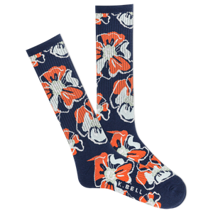 A pair of men's crew socks with a tropical floral print in blue, white, and orange.