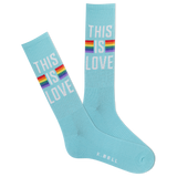 A pair of blue crew socks with a rainbow-colored stripe and the text 'This is love' displayed on the ankle area.