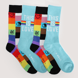 Colorful socks with rainbow patterns and 'This is Love' text on a light gray background thumbnail