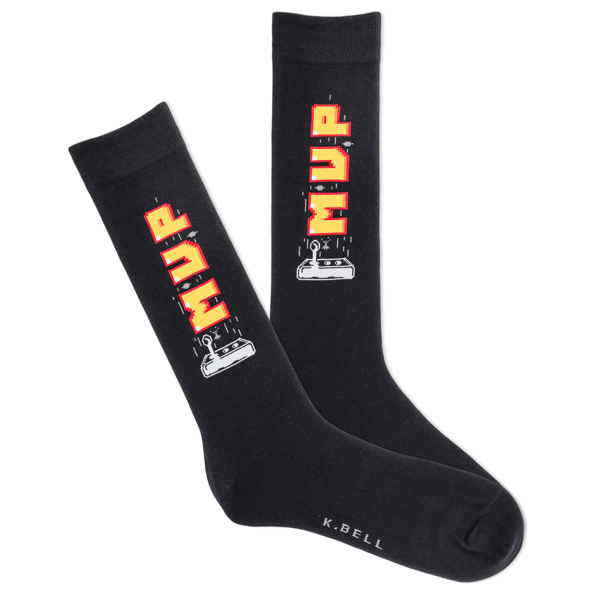 Black socks with orange and white text and graphics on a white background