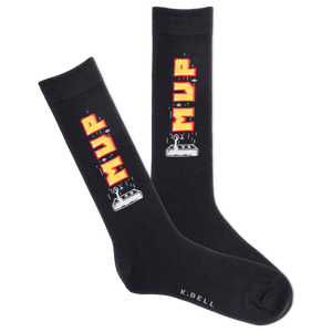 Black socks with orange and white text and graphics on a white background