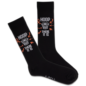 Black socks with orange and white designs saying 'hoop there it is' with a basketball net on a white background