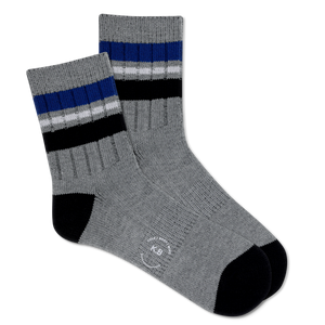 A pair of men's short crew socks with a striped pattern in gray, black, and blue colors.