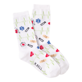 White socks with medical-themed designs and 'K. Bell' branding on a white background
