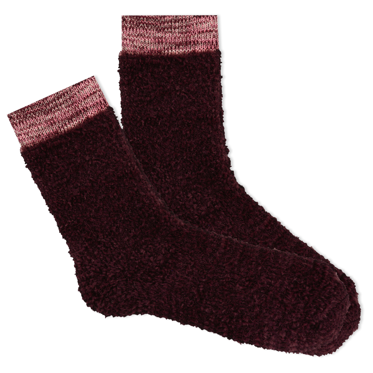 Pair of dark wine socks with pink cuffs on a white background