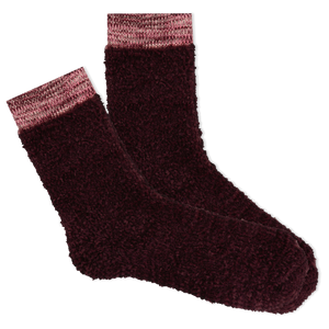 Pair of dark wine socks with pink cuffs on a white background